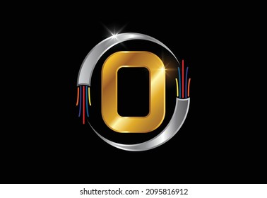 Initial O monogram letter alphabet with electric wire, optical fiber cable. Font emblem.