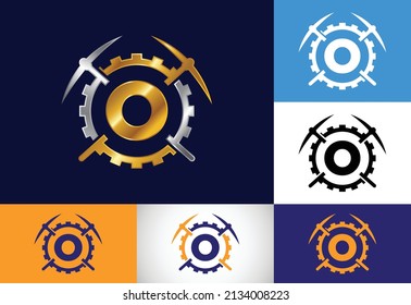 Alfabeto monocálmico O inicial con pickaxe y señal de engranaje. Concepto de diseño del logotipo de minería. Logotipo vectorial moderno para la identidad empresarial y empresarial de la minería