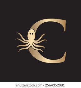 Initial Octopus Logo combine with letter C vector template