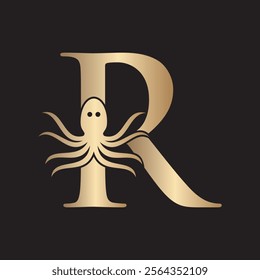 Initial Octopus Logo combine with letter R vector template