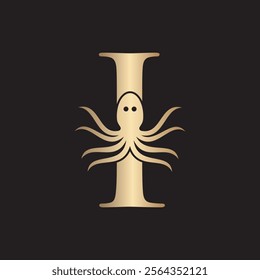 Initial Octopus Logo combine with letter I vector template