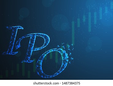 IPO​ or​ Initial Public​ Offering for​ stock​ in​ business gradient technology and​ polygonal style​ on​ blue​ black​ background. 