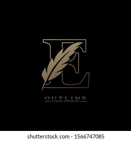 Initial Outline Letter E  Logo with feather. Trendy Design concept  luxury feather element and outline letter E for corporate, lawyer, notary, firm and more brand identity.