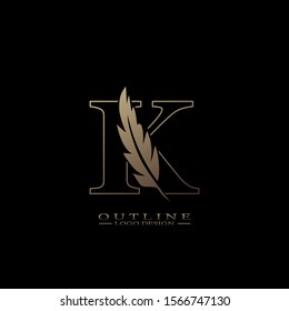 Initial Outline Letter K Logo with feather. Trendy Design concept  luxury feather element and outline letter K for corporate, lawyer, notary, firm and more brand identity.