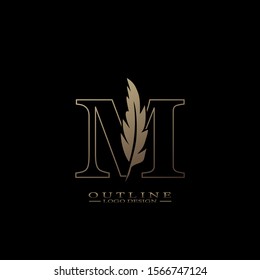 Initial Outline Letter M Logo with feather. Trendy Design concept  luxury feather element and outline letter M for corporate, lawyer, notary, firm and more brand identity.