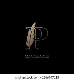 Initial Outline Letter P  Logo with feather. Trendy Design concept  luxury feather element and outline letter P for corporate, lawyer, notary, firm and more brand identity.