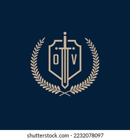 Initial OV elegant sword and shield icon vector template