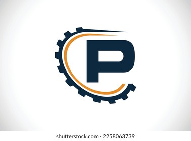 Alfabeto P inicial con un engranaje. Diseño del logotipo del ingeniero de engranajes. Logotipo para automoción, mecánica, tecnológica, configuración, reparación de negocios e identidad de la empresa