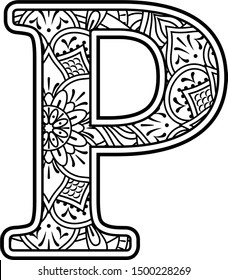 initial p in black and white with doodle ornaments and design elements from mandala art style for coloring. Isolated on white background