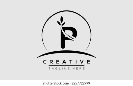 initial P circle letter logo design with leaf. P logo icon vector template.