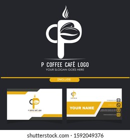 Initial P Coffee Cafe Equipment Simple and Minimalist Logo Template with a Pack of Business Card Application on Black Background