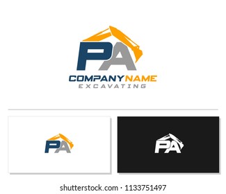 Initial P A excavator logo concept vector with arm excavator template vector.