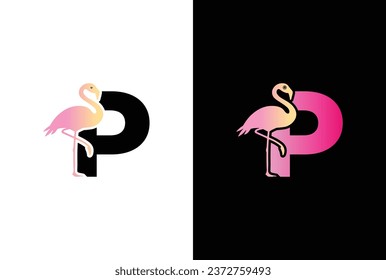 Initial P Flamingo bird logo. Flamingo bird icon with letter P Logo design vector template.