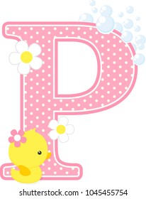 initial p with flowers and cute rubber duck isolated on white. can be used for baby girl birth announcements, nursery decoration, party theme or birthday invitation. Design for baby girl
