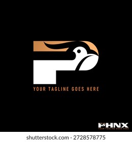 Fonte P inicial e fênix cabeça falcão falcão águia animal águia predador poder selvagem logotipo design gráfico conceito criativo premium vetor imagem de stock top sell