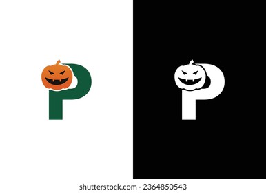 Initial P Halloween logo. Halloween letter P logo or icon template design. Halloween pumpkin white background