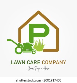 Initial P Latter with Mower Machine for Lawn Care Service Company Logo. Landscaping Lawnmower Home Maintenance Business Branding