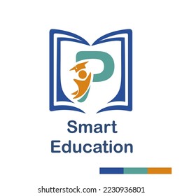 Initial P Letter with book and student symbol character for school, education, trainer center business logo template vector