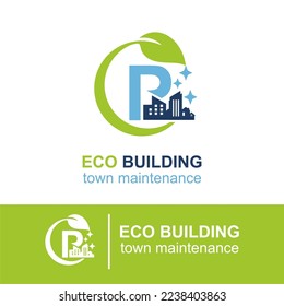 Initial P Letter Eco Building Town Maintenance Building Exterior Company Logo Design Idea Template. Home and Building Cleaning Service