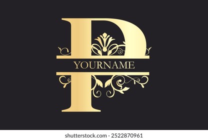 Initial  P letter floral Split Letter Monogram,luxury Wedding invitation Monogram Design,gold color on black background