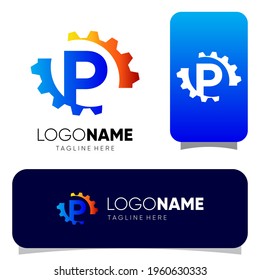 Initial P Letter Gear Logo Design Vector Graphic