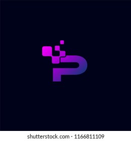 Initial P Letter Logo Design teamplate with Digital Pixels element technology in Purple Colors