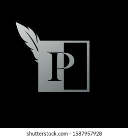 Initial  P Letter Logo icon Square  Feather. Vintage design concept  geometric square  feather element and outline letter logo icon for corporate, lawyer, notary, firm and more brand identity.
