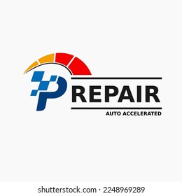 Initial P Letter with Speedometer, Race Icon for Automotive Company Logo. Vorlage für das beschleunigte Service-Store-Logo für den Motortransport