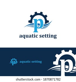 Letra p inicial para la plantilla del logotipo de la empresa de servicios y reparación, montaje y montaje de piscinas y de instalaciones acuáticas