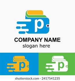 Initial p Letter with Wallet and Speed Acceleration, Online Fast Payment Simple Logo Idea. Digital Wallet Vector Concept	