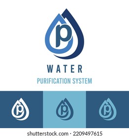 Initial p Letter with water drop icon for water purification system, natural cosmetic business logo idea	