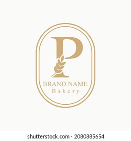 Initial P Letter with Wheat Grain for Bakery, Bread, Cake, Cafe, Pastry, Healthy Food, Cafetarian, Home Industries Business Logo Vector Idea 