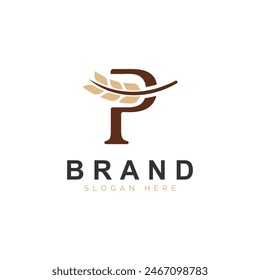 Initial P Letter with Wheat Grain for Bakery, Bread, Logo Design Vector Icon Illustration