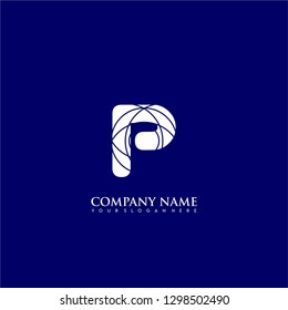 initial P logo letter with abstract circle lines pattern symbol design concept in blue background color