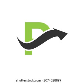 Initial P logo, Letter P And Financial Arrow Combination Sign. Finance Logo On P Letter Concept. Marketing And Financial Business Logo