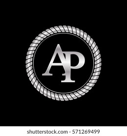 initial a and p logo silver metallic with metal circle rope frame border decorative