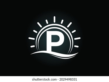 Initial P monogram alphabet with abstract sun and wave. Ocean sun logo design. Font emblem. Modern vector logo for a business, and company identity