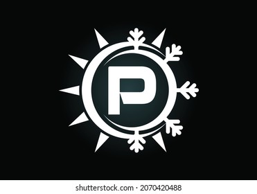Ursprüngliches P-Monogramm-Alphabet mit abstrakter Sonne und Schnee. Symbol für das Zeichen des Klimageräts. Warmes und kaltes Symbol. Modernes Vektorlogo für die Konditionierung von Geschäfts- und Firmenidentität