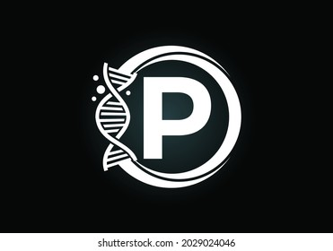 Alfabeto monograma P inicial en un círculo con ADN. Concepto de diseño del logo genético. emblema de letra. Logo para medicina, ciencia, laboratorio, negocios e identidad de la empresa