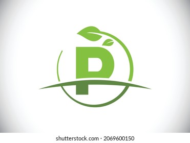 Initial P monogram alphabet with circle leaf and swoosh. Eco-friendly logo concept. Font emblem. Modern vector logo for ecological business and company identity
