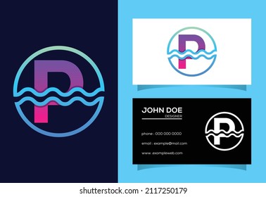 Initial P monogram alphabet in a circle with water waves. Water wave logo design