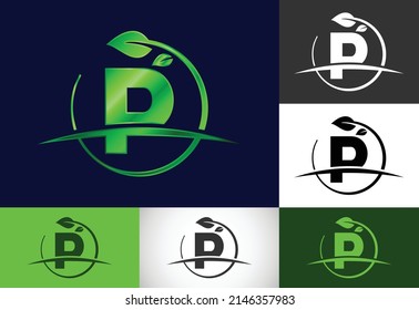 Initial P monogram alphabet with circle leaf and swoosh. Eco-friendly logo concept. Modern vector logo for ecological business and company identity