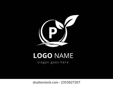 Initial P monogram alphabet with circle leaf and swoosh. Eco-friendly black logo concept