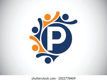 Initial P monogram alphabet with connecting people. Team, cooperation logo sign symbol. Font emblem. Logo for corporate business collaboration and great work