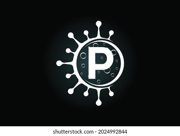 Initial P monogram alphabet with Coronavirus cells. Lab logo sign symbol design vector Illustration. Font emblem. Corona virus (Covid-19). Stop Coronavirus