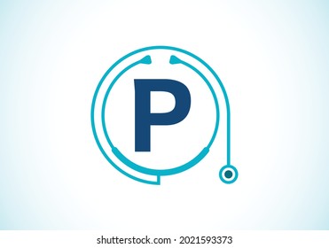 Initial P monogram alphabet with doctor stethoscope. Vector stethoscope logo or icon. Logo for medical and pharmaceutical business and company identity