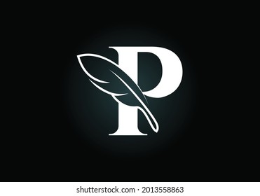 Initial P monogram alphabet with a feather. Font emblem. Law firm icon sign symbol. Modern vector Logo for a writer or publishers business and company identity