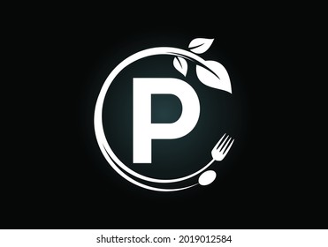 Initial P monogram alphabet with a fork, spoon, and leaf. Healthy, natural, food logo. Modern vector logo for cafe, restaurant, cooking business, and company identity