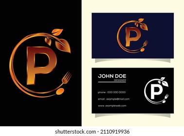 Initial P monogram alphabet with a fork, spoon, and leaf. Healthy natural food logo. Logo for cafe