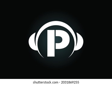 Initial P monogram alphabet with a headphone. Headphone Logo. Music sign symbol. Font emblem. Design element for poster, banner, t-shirt, notebook cover, sticker, greeting card, bag, badge.